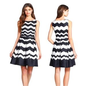 Taylor Royal Blue and White Chevron Print Pleated Dress with Pockets in Size 4